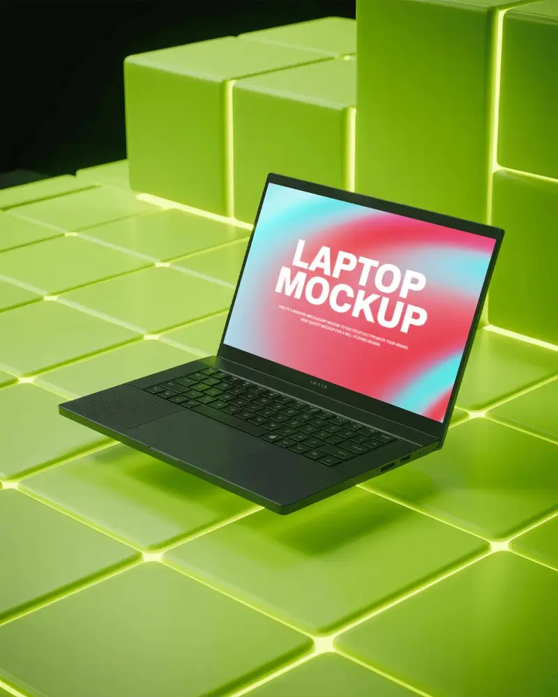 Razer Gaming Laptop Mockup Floating Above Glowing Green Cubical Platform