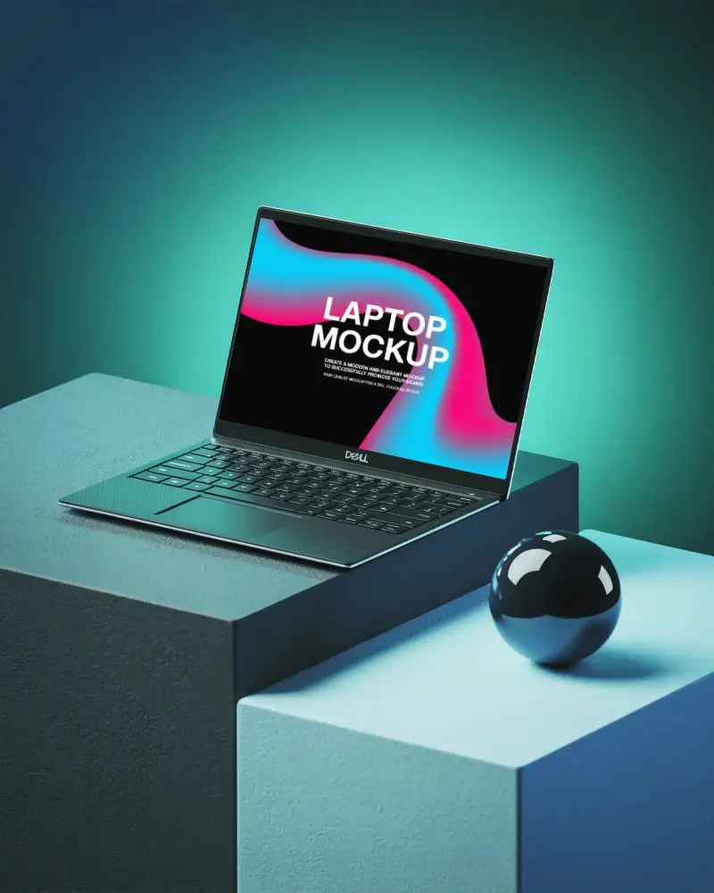 Dell Laptop Mockup On Geometric Pedestals With Minimalist Blue Light Background