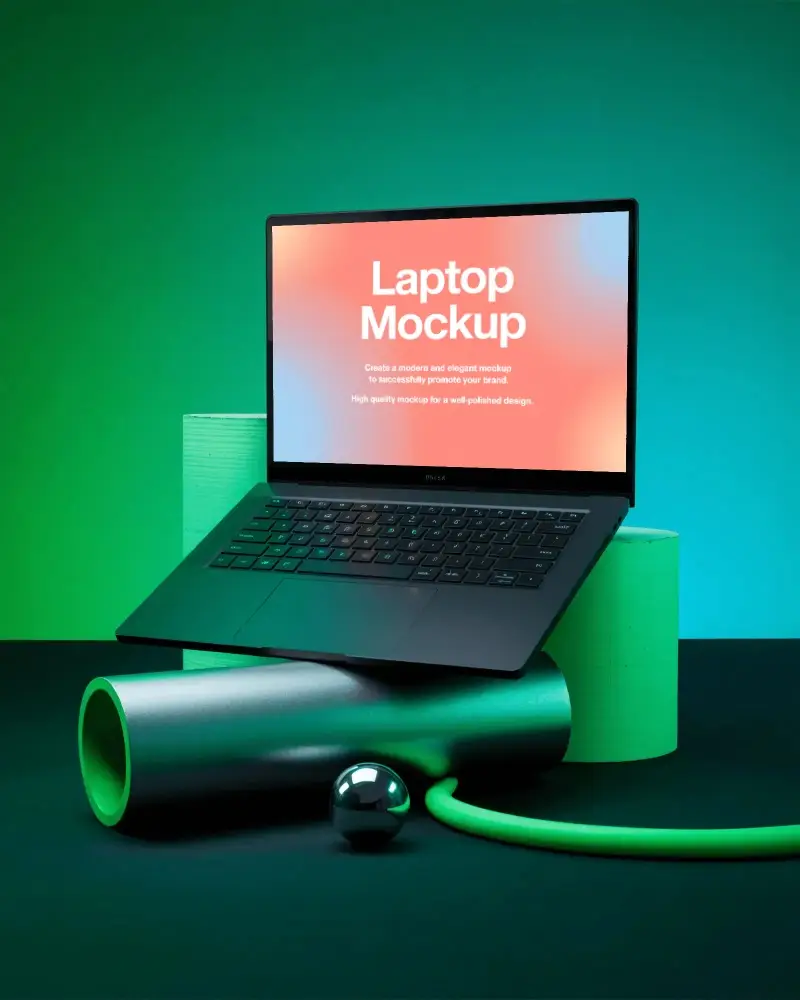 Razer Gaming Laptop Mockup On Abstract Green Pipe With Modern Futuristic Lighting Scene