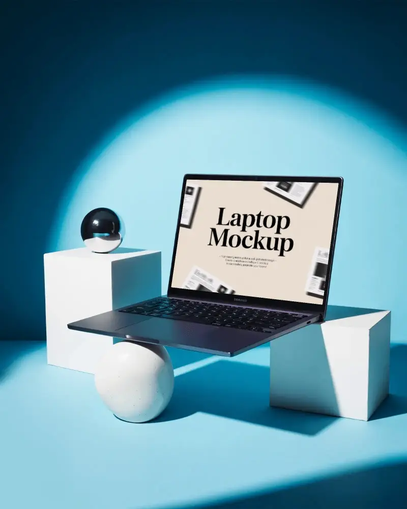Premium Samsung Notebook Mockup Creative Digital Presentation On Modern Abstract Props