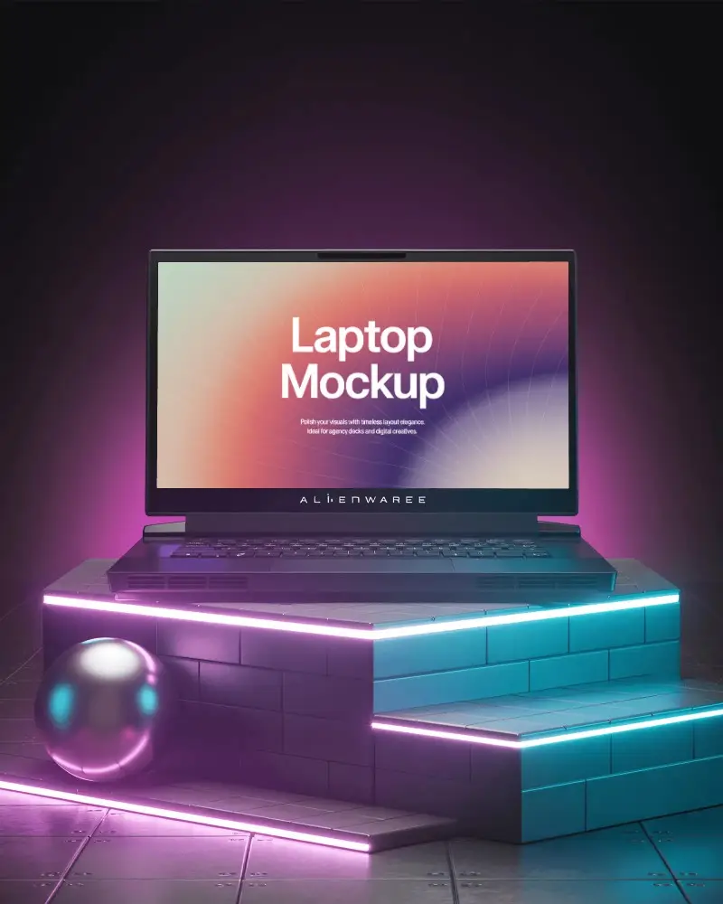 Alienware Gaming Laptop Mockup On Futuristic Neon Platform With Purple And Cyan Lighting