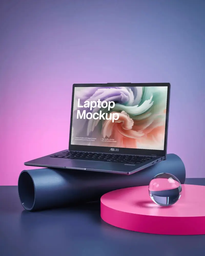 Asus Laptop Mockup On Cylindrical Prop With Pink Platform And Reflective Glass Sphere