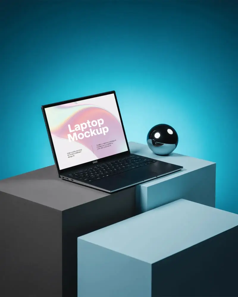 Dell Laptop Mockup On Stacked Geometric Blocks With Chrome Sphere And Blue Gradient