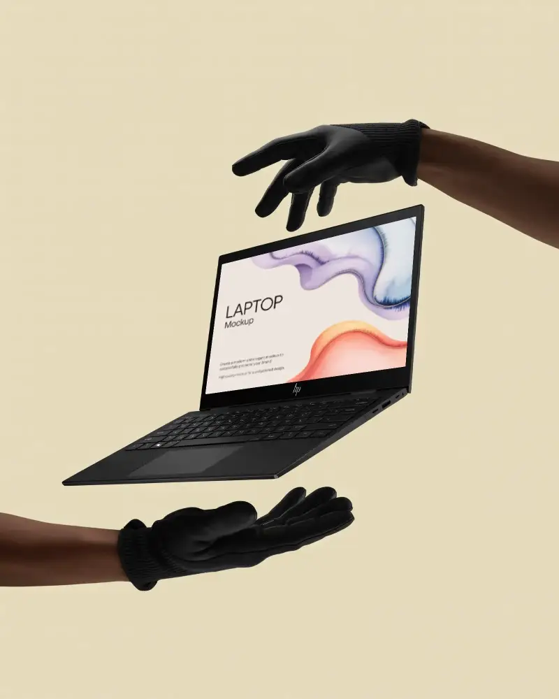 Hp Laptop Mockup Being Passed Between Gloved Hands On Minimalist Beige Background
