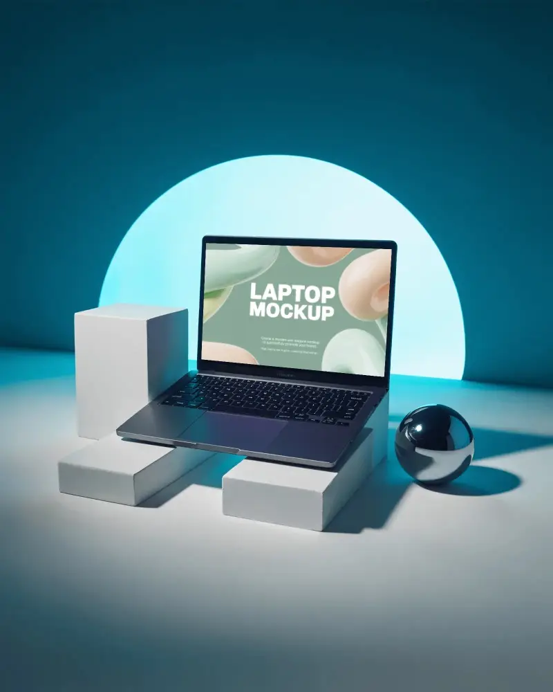 Samsung Laptop Mockup On White Blocks With Chrome Sphere And Glowing Blue Semicircle Backdrop