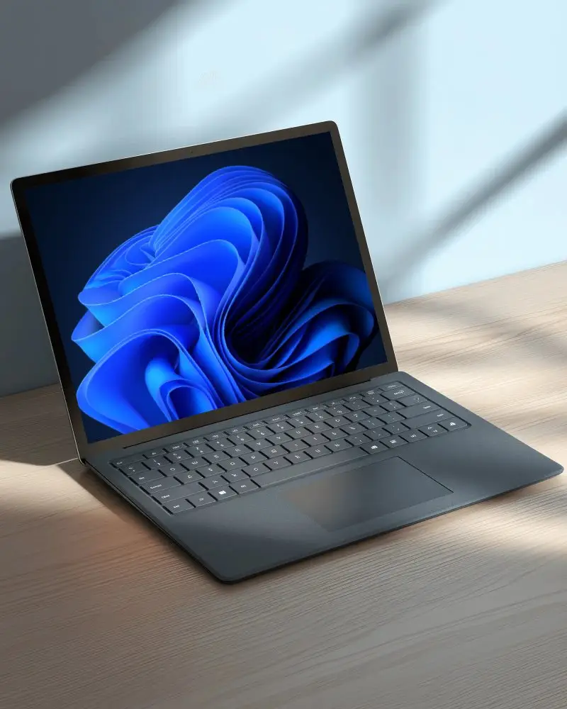 Realistic Dell Laptop Device Mockup With Blank Screen On Minimalist Table Background