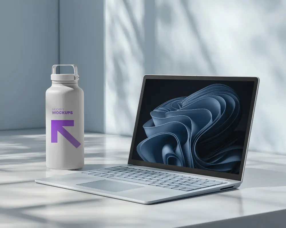 Sleek Modern Laptop Mockup With Water Bottle On Minimalist Desk For Creative Presentation