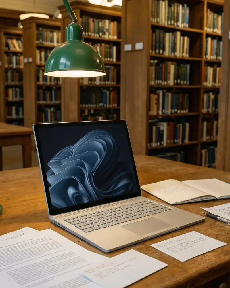 Laptop Mockup For Education Library Study Environment With Notes And Documents