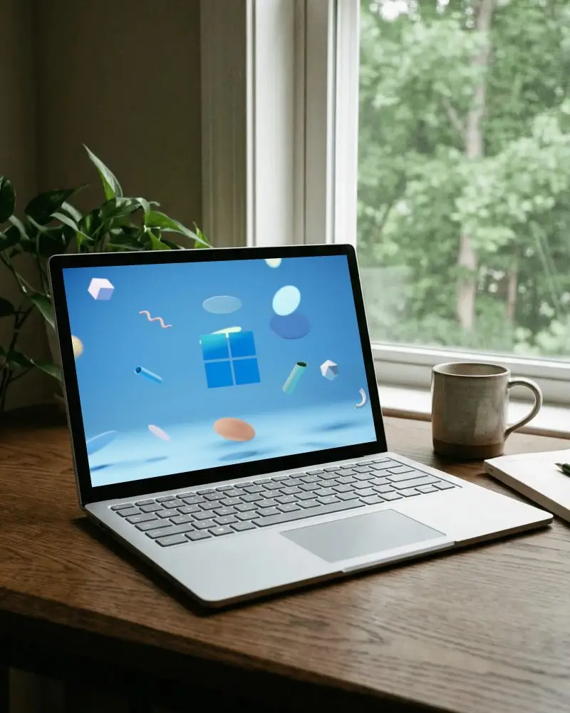 Modern Minimalist Laptop Mockup On Wooden Table Near Window Cozy Workspace Setup For Productivity