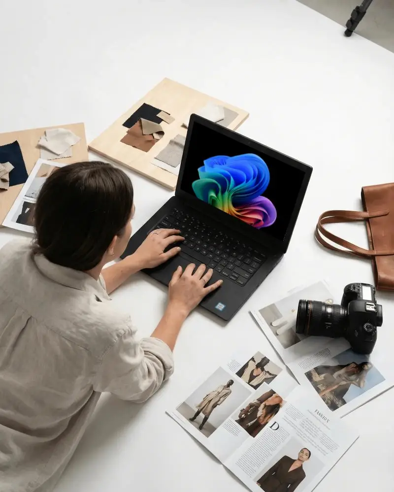 Creative Fashion Designer Working On Dell Laptop Mockup With Fabric Samples And Fashion Magazines