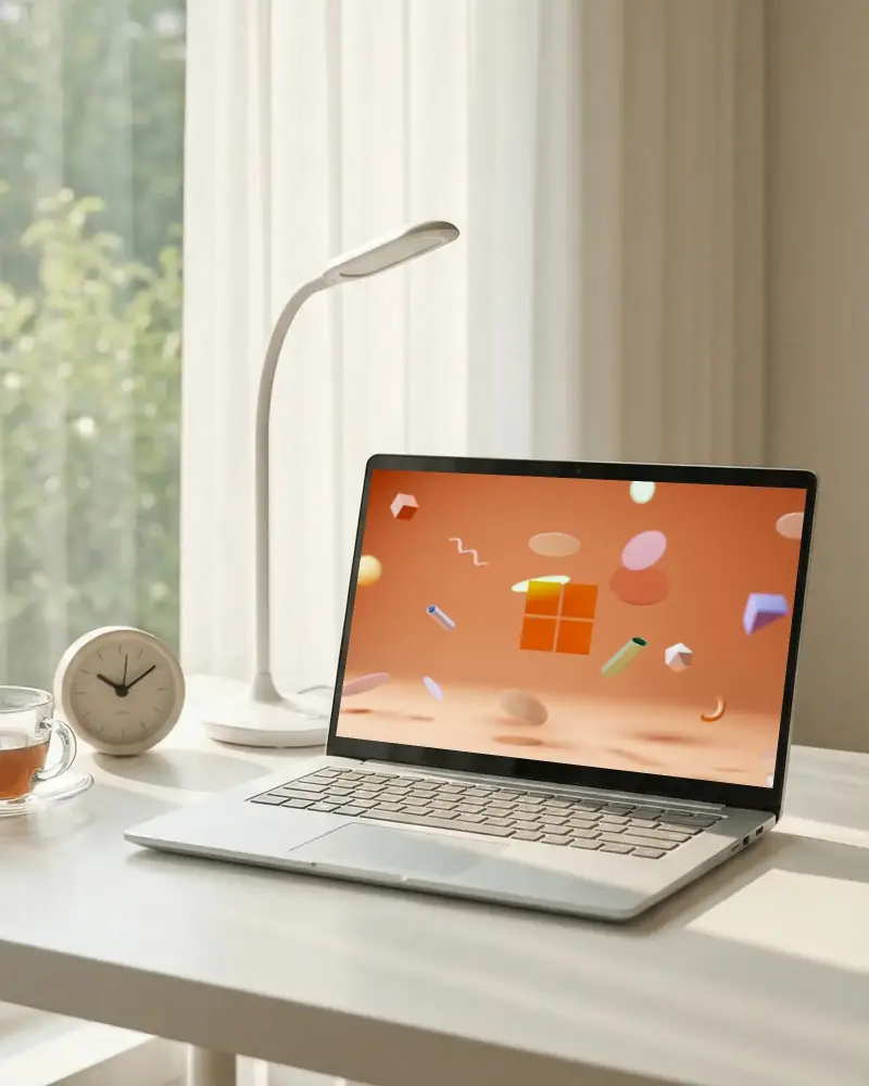 Modern Laptop Mockup On Clean Desk With Tea Cup Digital Device Mockup For Remote Work