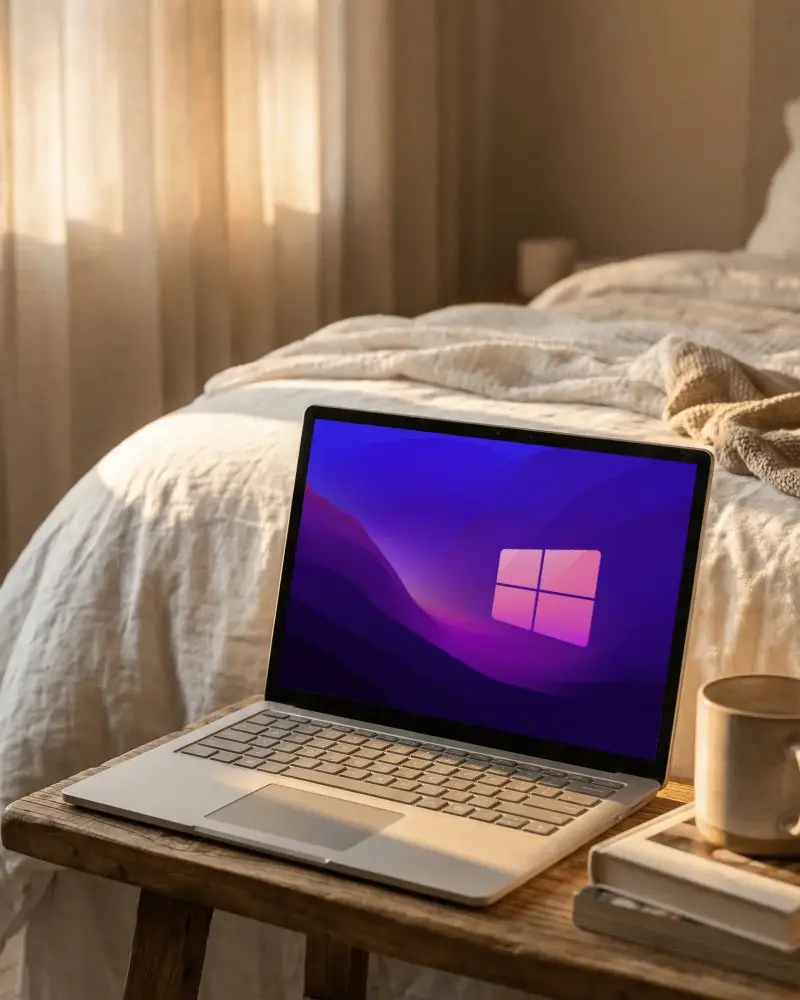 Modern Laptop Mockup On Wooden Table Next To Coffee Cup And Books In Cozy Bedroom Setting