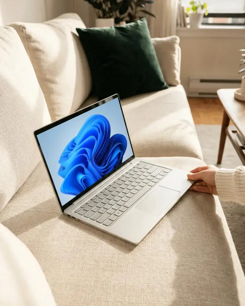Modern Laptop Mockup On Comfortable Couch With Natural Light For Remote Work Or Studying