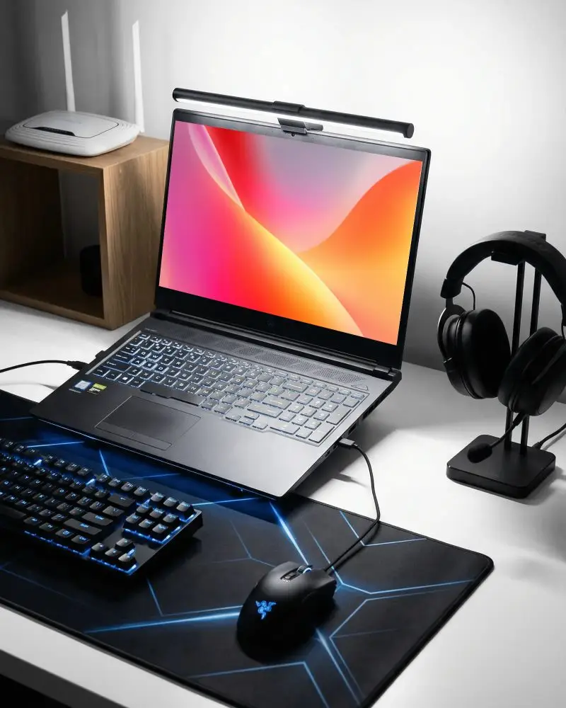 High Performance Laptop Mockup With Backlit Keyboard Gaming Mouse And Headset Setup