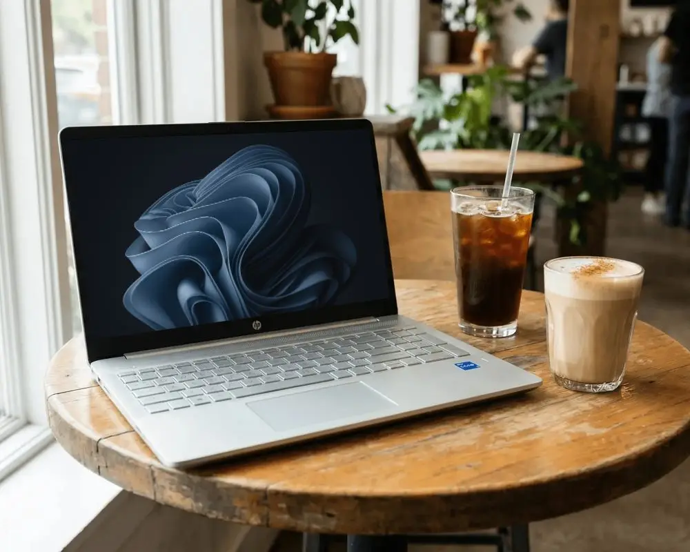 Modern Hp Laptop On Rustic Wooden Table With Iced Coffee And Cappuccino In Cafe