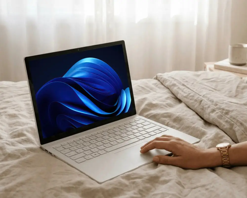 User Working On Laptop Mockup In Cozy Bedroom Setting With Natural Light Through Sheer Curtains