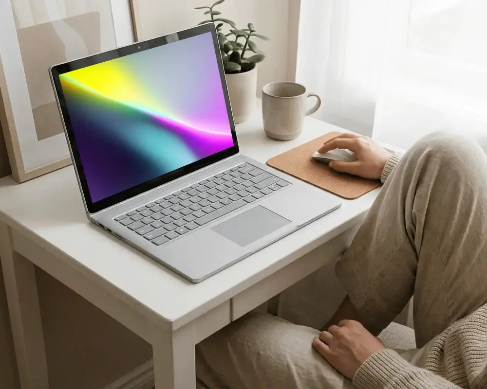 Modern Laptop Mockup On Minimalist Desk With Cozy Home Office Styling And Natural Light