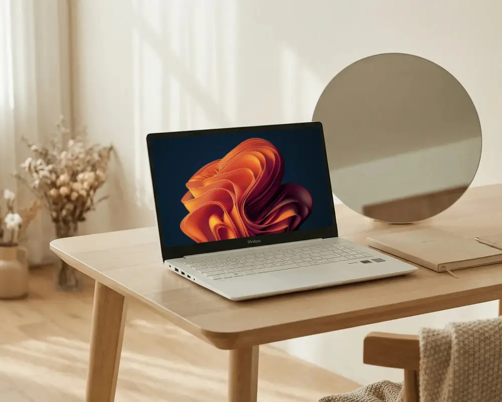 Modern Work From Home Laptop Mockup On Minimalist Wooden Desk With Accessory Items Around