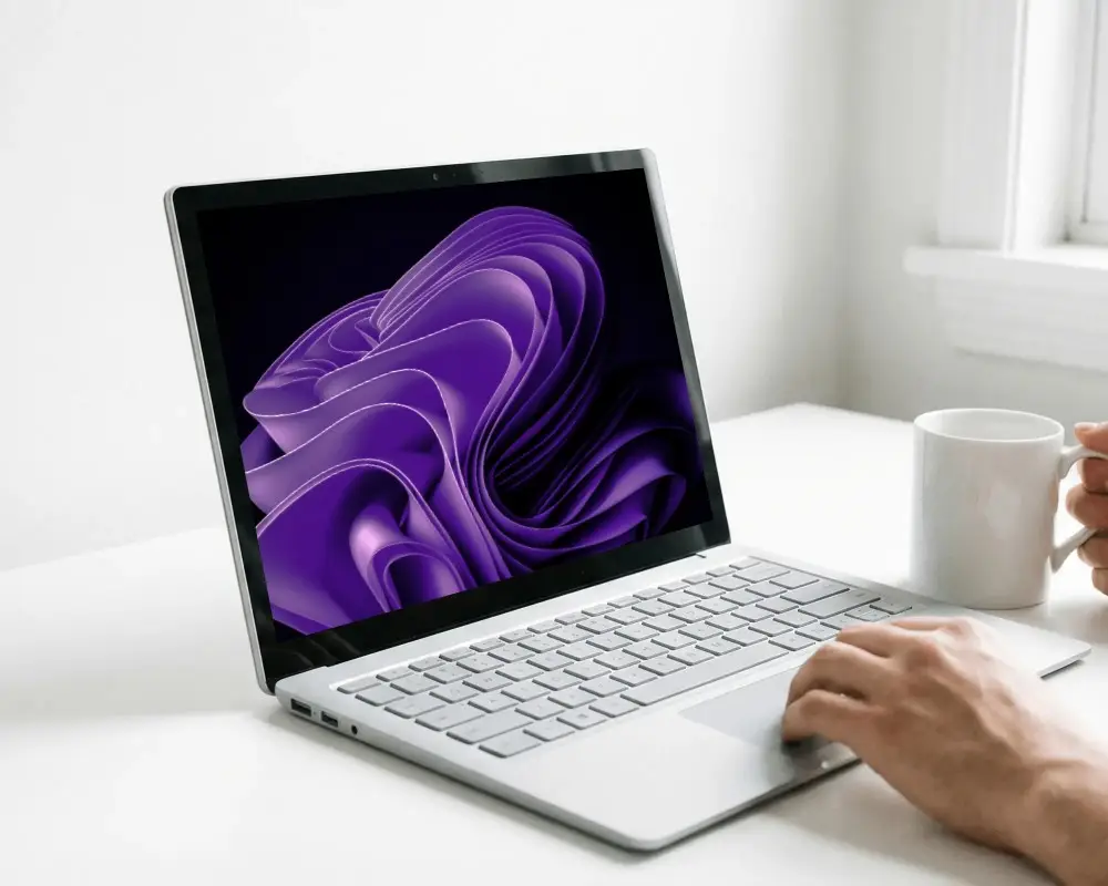 Hands Typing On Laptop Keyboard With Coffee Cup On Minimalist White Desk Workspace