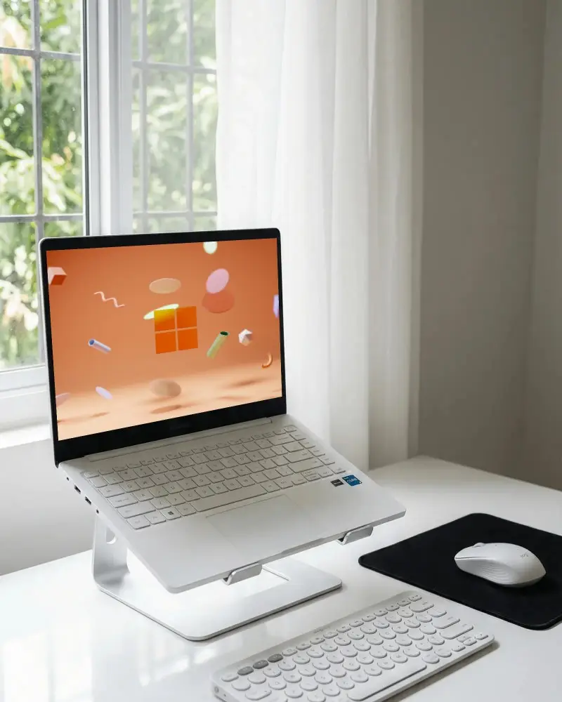 Sleek Laptop Mockup Display On Desk With Wireless Keyboard And Mouse For Clean Productive Space