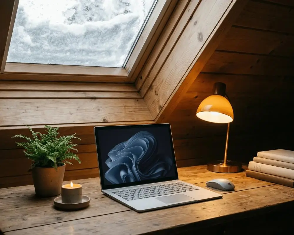Minimalist Winter Office Laptop Mockup On Wooden Table With Mouse And Soft Indoor Lighting
