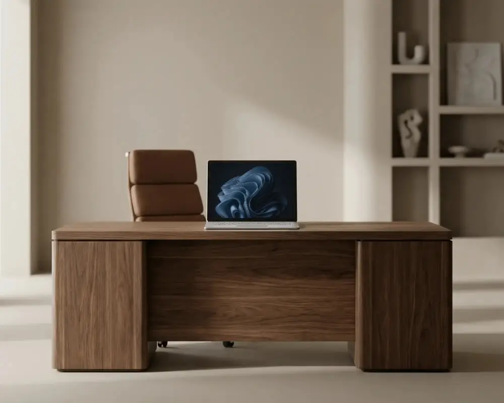 Sleek Minimalist Laptop Mockup On Wooden Office Desk With Modern Chair And Decor
