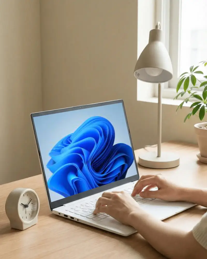 Person Typing On Sleek Laptop Mockup In Natural Light Minimalist Desk Setup With Clock And Lamp