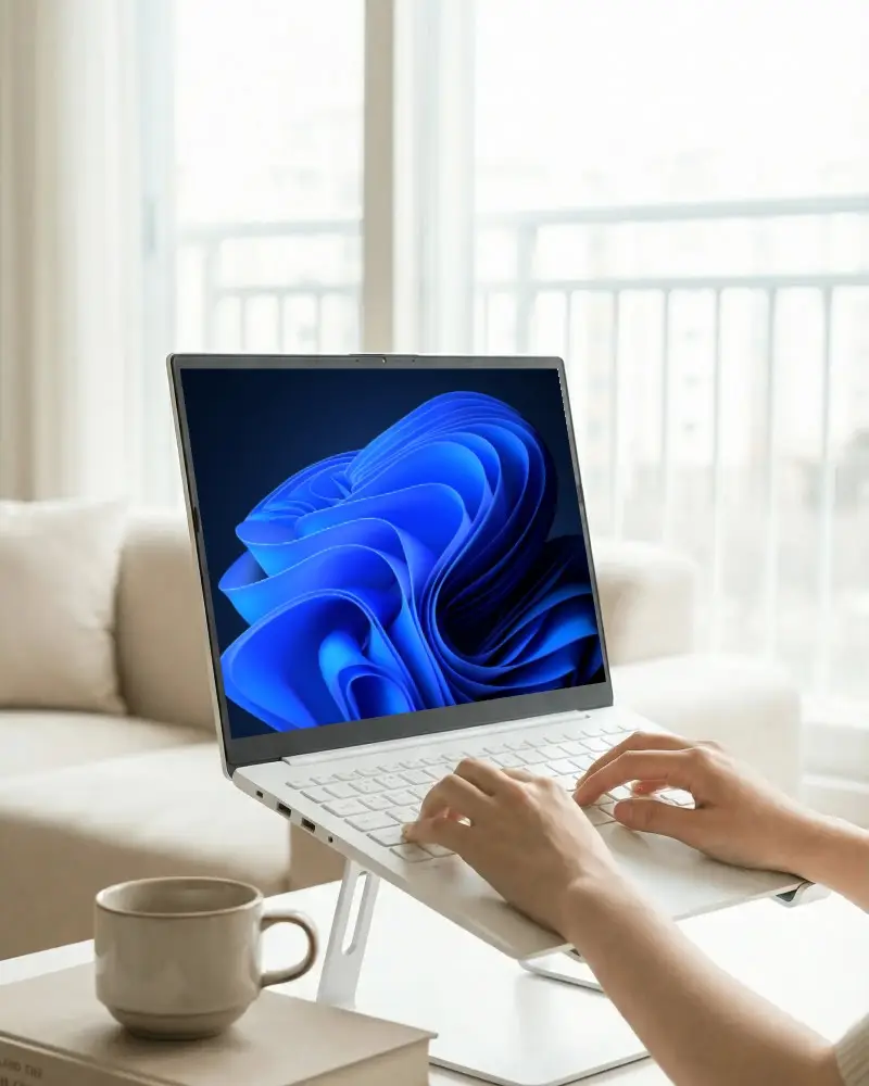 Hands Typing On Laptop Mockup With Ergonomic Standing Desk Riser Near Cozy Living Room Window