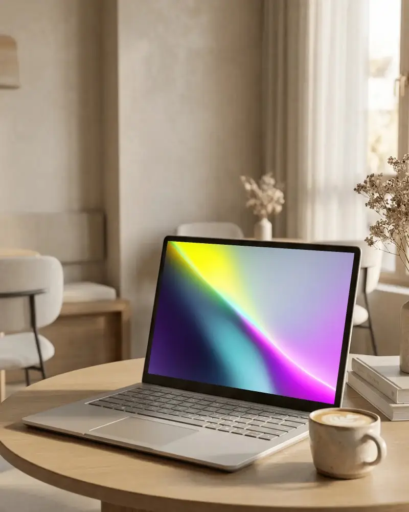 Sleek Modern Laptop Mockup On Round Wooden Table In Minimalist Cozy Interior Space