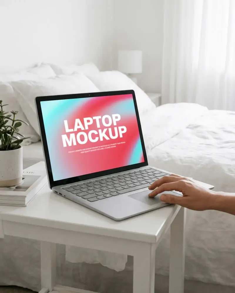 Minimal Bedroom Laptop Screen Mockup On Bedside Table With Natural Morning Light