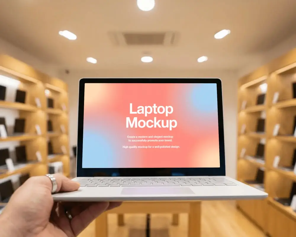 Modern Electronics Shop Laptop Display Mockup With Shelves Background Bokeh