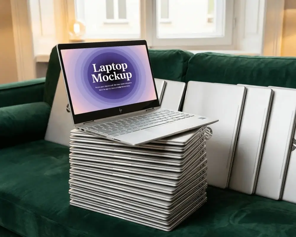 Premium Home Living Room Laptop Screen Mockup With Layered Device Arrangement