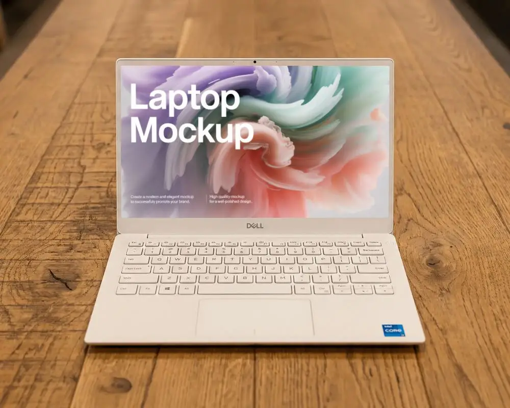 Modern Tech Laptop Display Mockup Centered On Natural Wood Texture Background