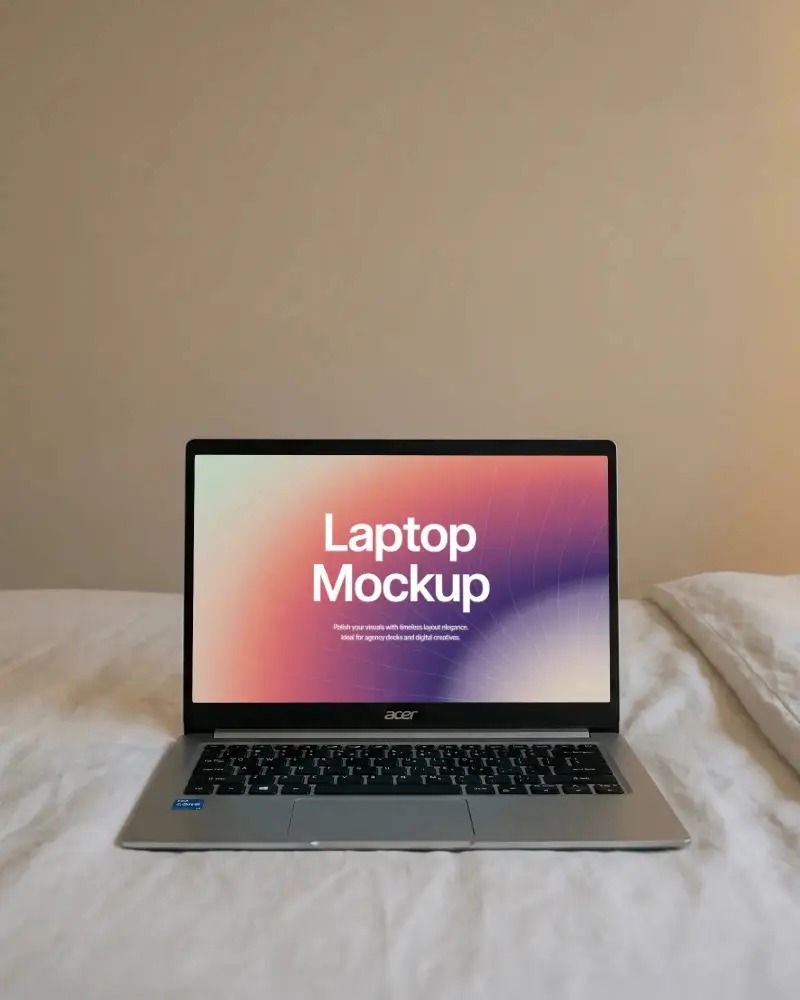 Minimal Bedroom Laptop Mockup Centered On Soft Bed With Blank Display Natural Light