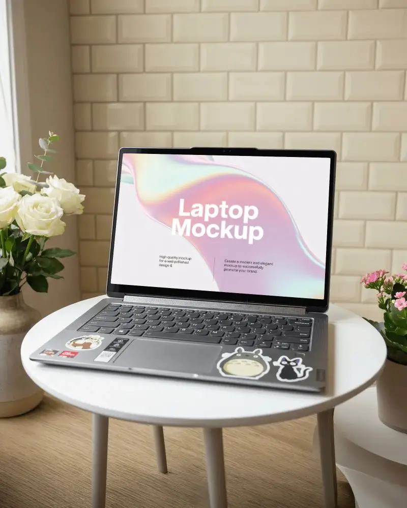 Home Lifestyle Laptop Mockup On Round Table With Soft Daylight And Natural Plant Accents