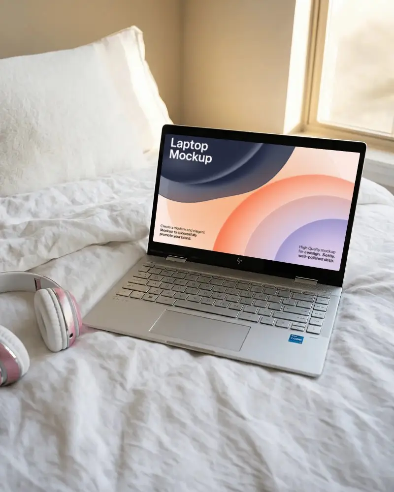 Cozy Lifestyle Laptop Mockup With Headphones On Natural Bedding Soft Morning Light