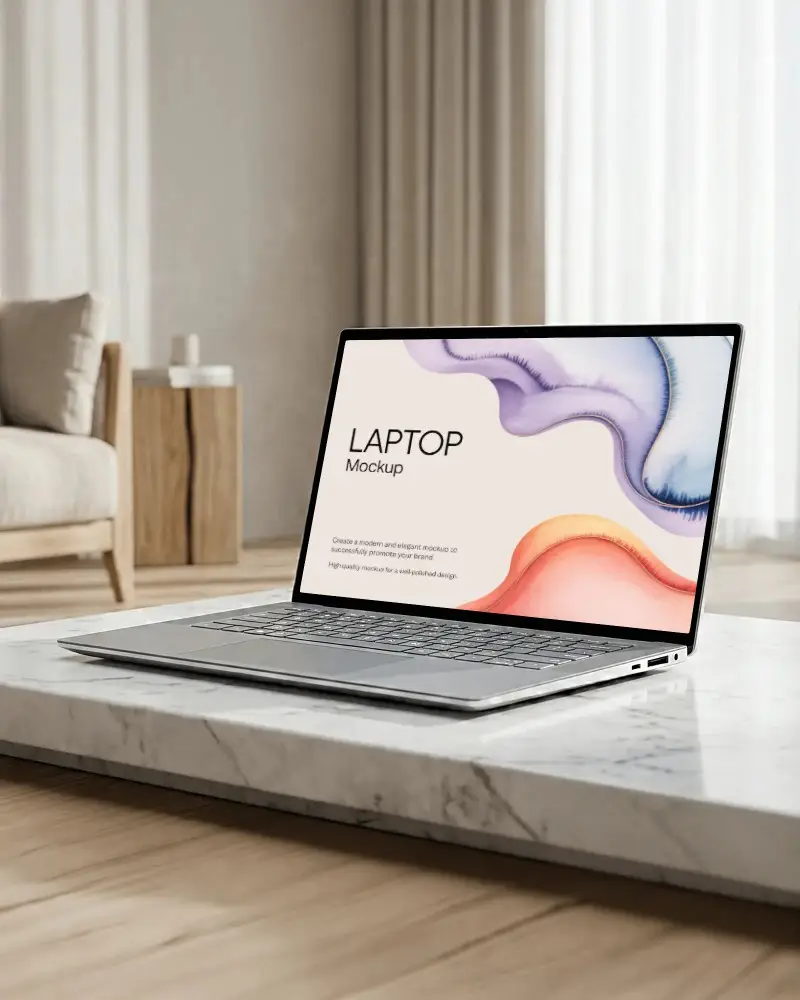 Modern Living Room Laptop Mockup On Marble Table With Natural Light And Soft Curtains