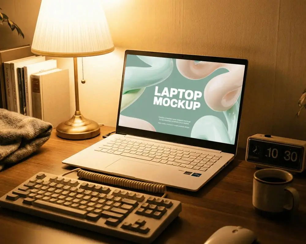 Warm Night Desk Laptop Mockup With Table Lamp And Keyboard And Coffee Cup Setup