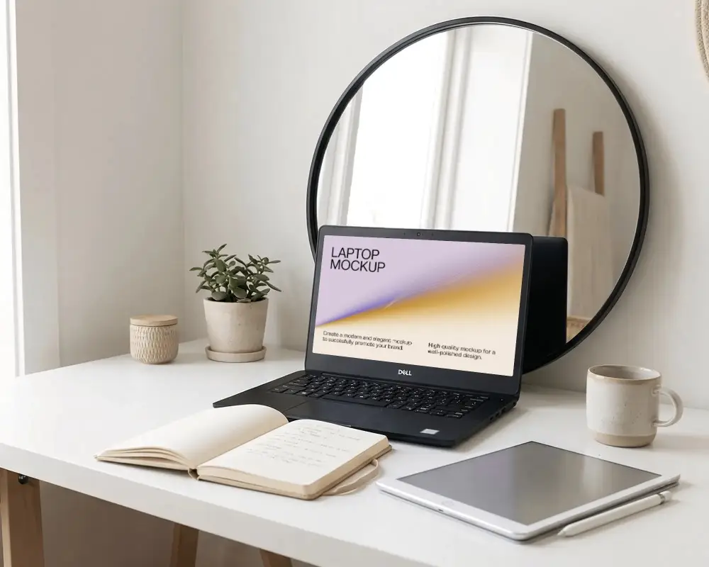 Minimal Vanity Desk Laptop Mockup With Round Mirror And Notebook And Tablet Arrangement
