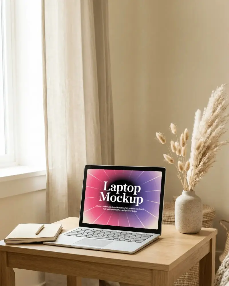 Minimal Sunlit Bedroom Laptop Mockup On Wooden Desk With Neutral Curtain Backdrop