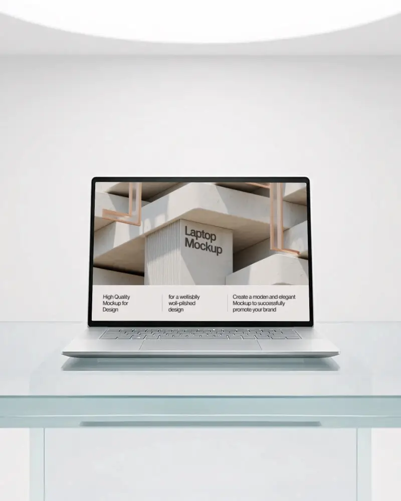 Minimal Studio Laptop Mockup On Glass Table With Clean White Backdrop Front View Composition