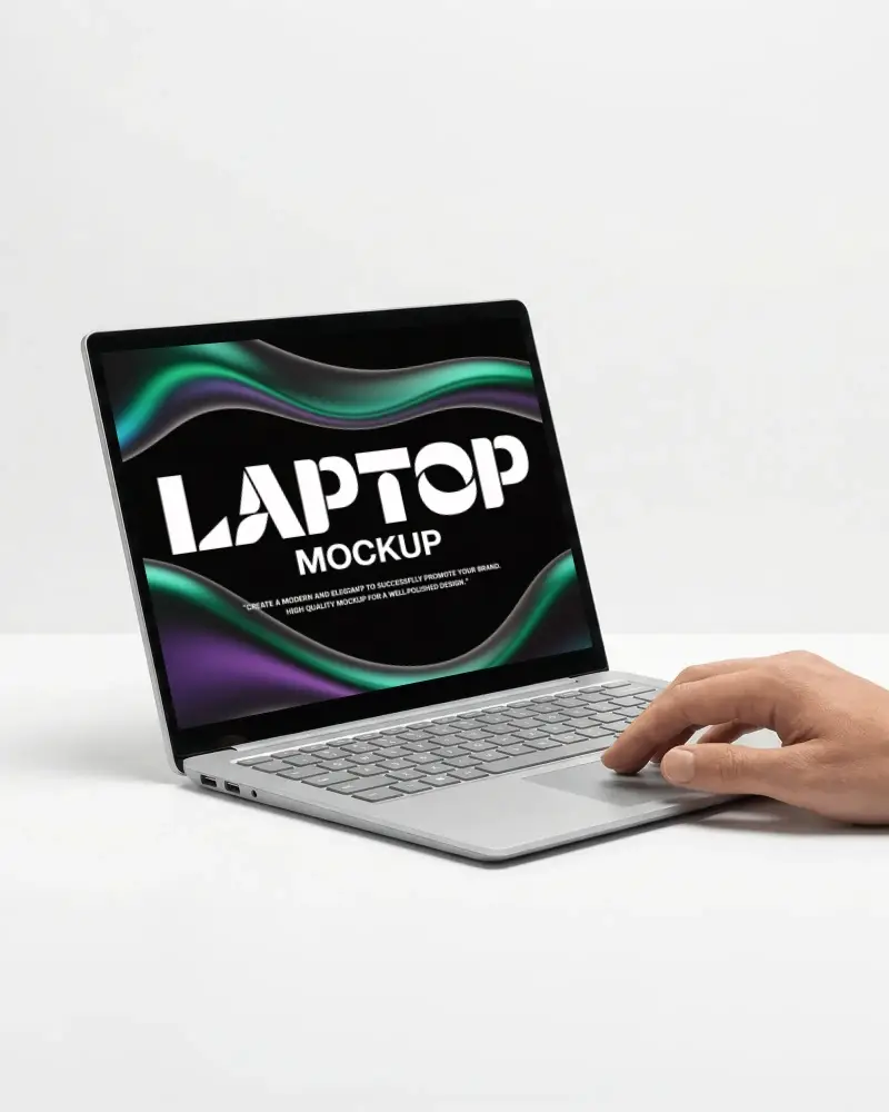 Angled Studio Laptop Mockup With Hand Interaction On Clean White Placement And Balanced Light