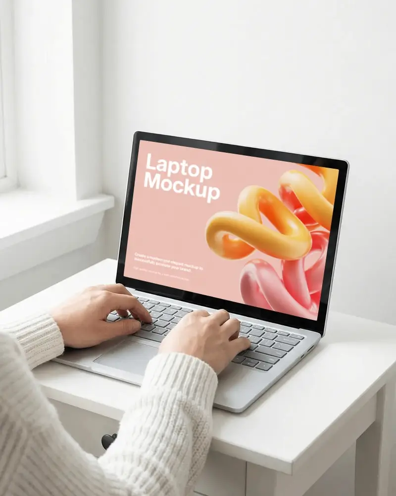 Minimal Home Desk Laptop Mockup With Typing Hands And Soft Daylight