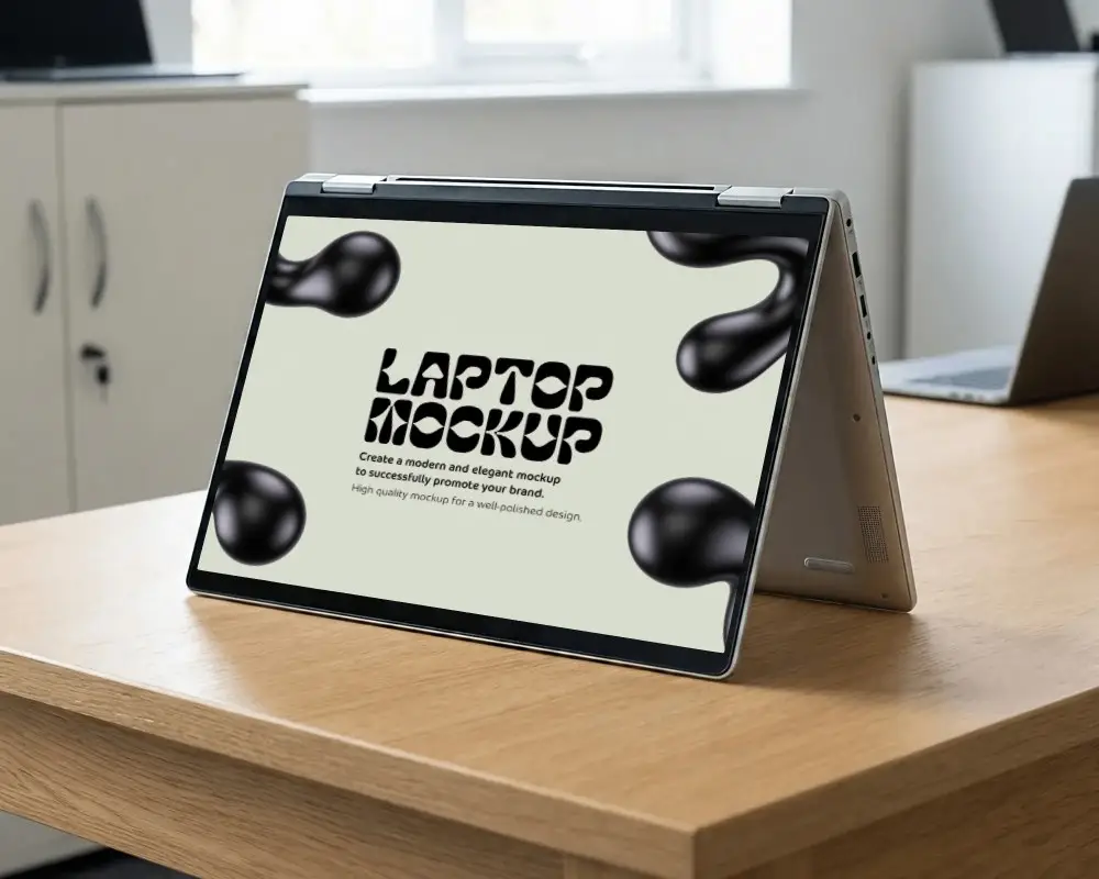 Convertible Laptop Mockup In Tent Mode On Wooden Office Desk Workspace Background