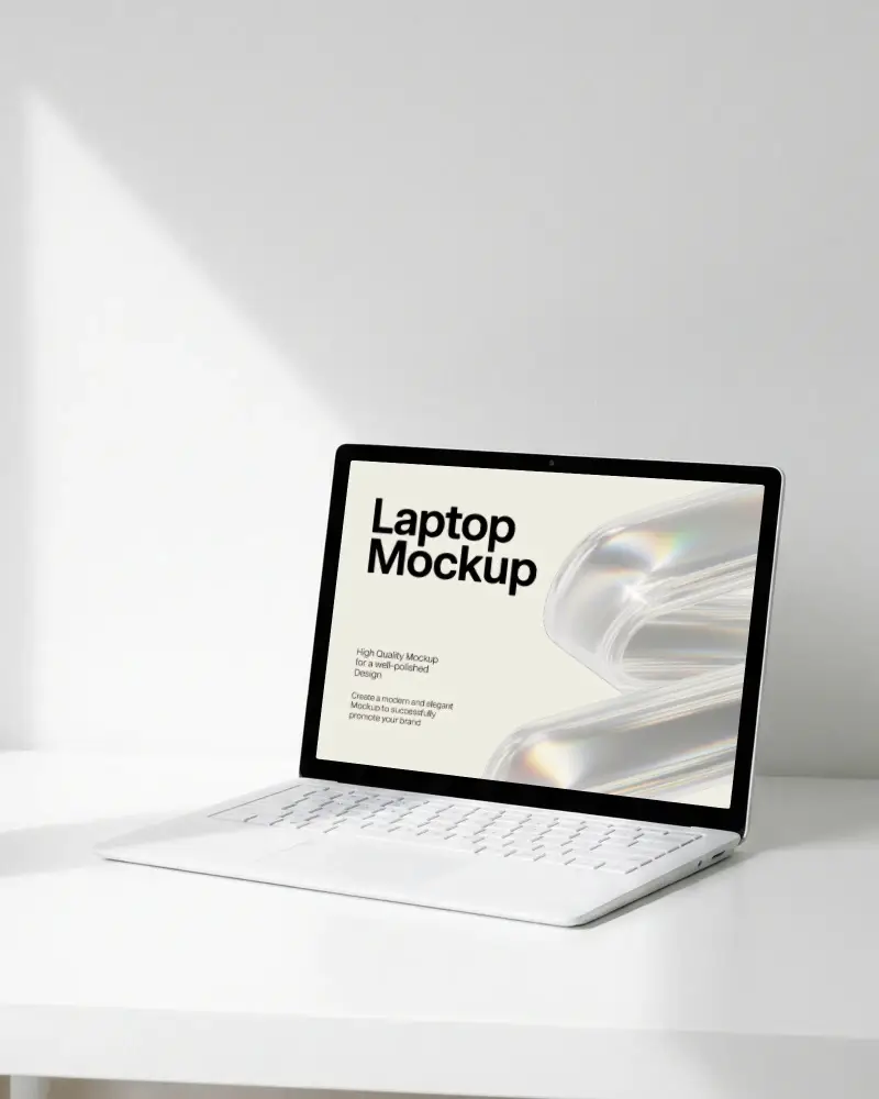 Minimal White Room Laptop Mockup With Soft Directional Shadow On Clean Surface