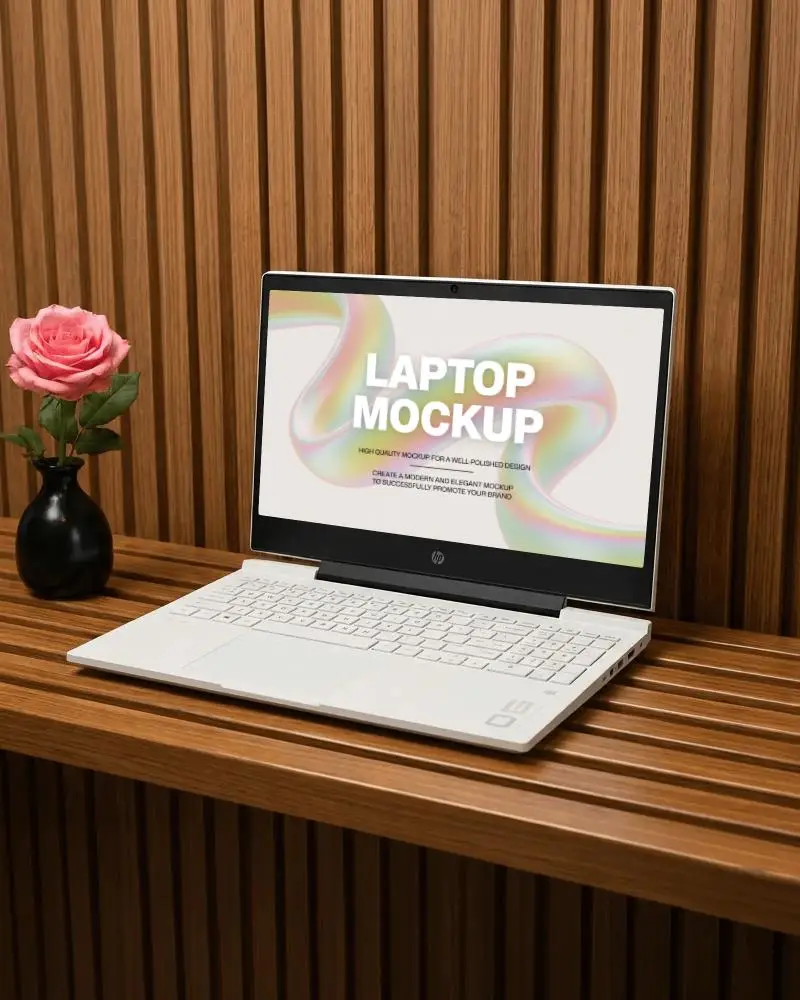 Modern Wood Panel Interior Laptop Mockup With Clean Desk Composition