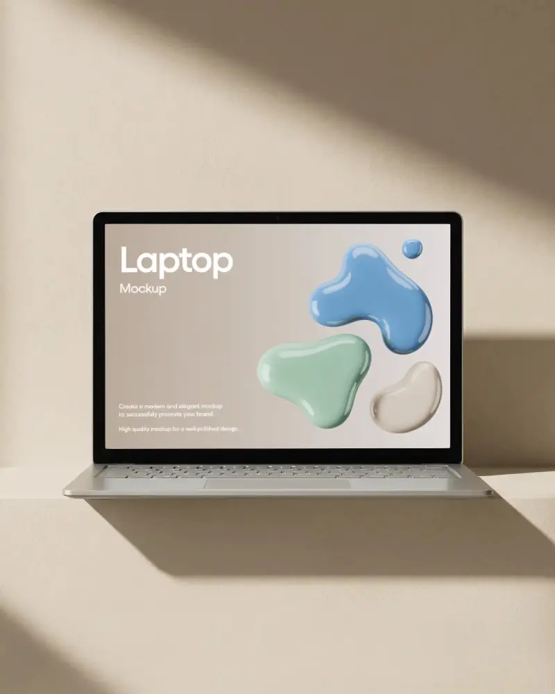 Wall Mounted Shelf Laptop Mockup With Dramatic Diagonal Shadow Play Directional Light