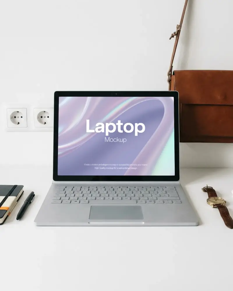 Minimal White Desk Laptop Mockup With Everyday Accessories Arrangement