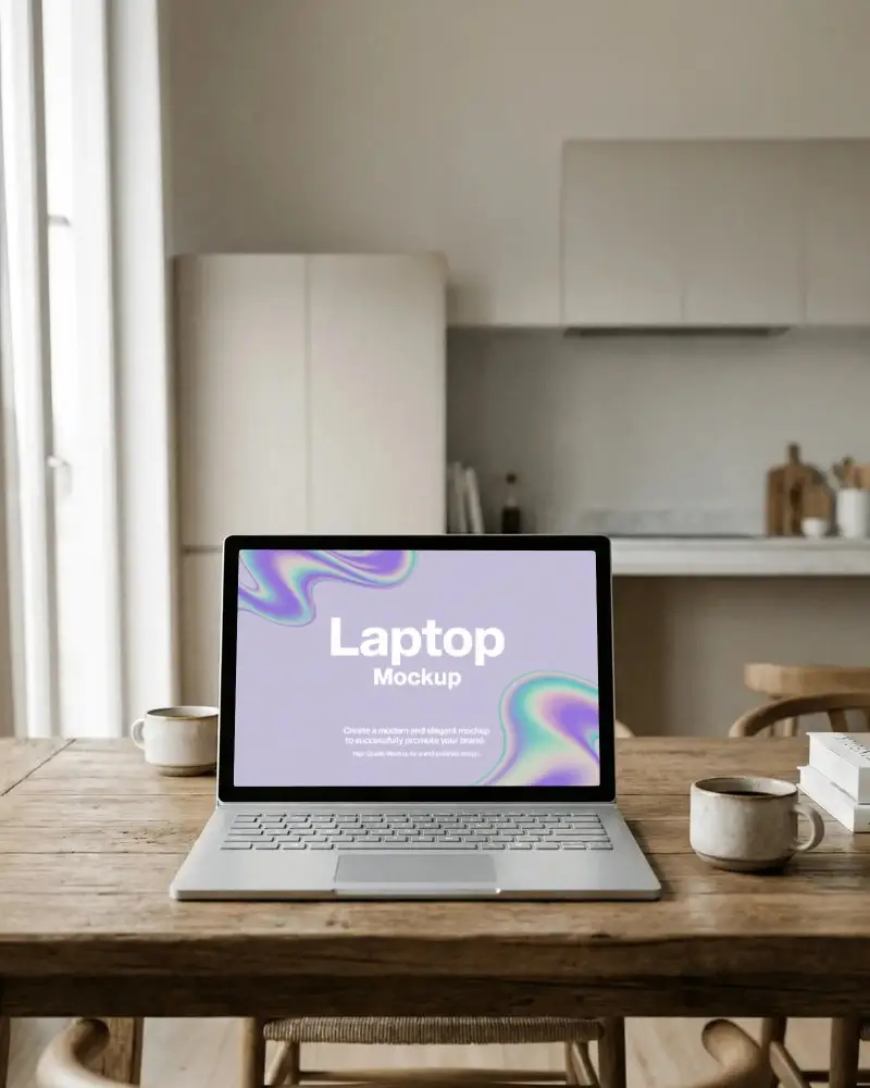 Minimal Kitchen Dining Laptop Mockup On Rustic Wooden Table With Natural Daylight