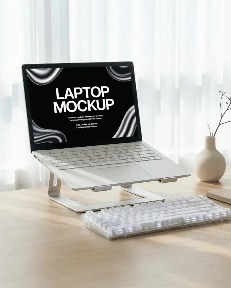 Bright Daylight Desk Laptop Mockup On Elevated Stand With Minimalist Setup Soft Curtain Backdrop